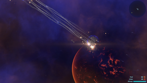 Large alien ships duke it out with long range missiles and fighters while the player watches.
